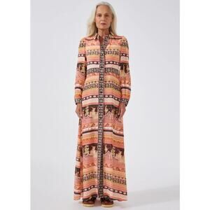 Hayley Menzies Silk Dancing Ladies Print Maxi‎ Shirt Dress Pockets Size Medium
